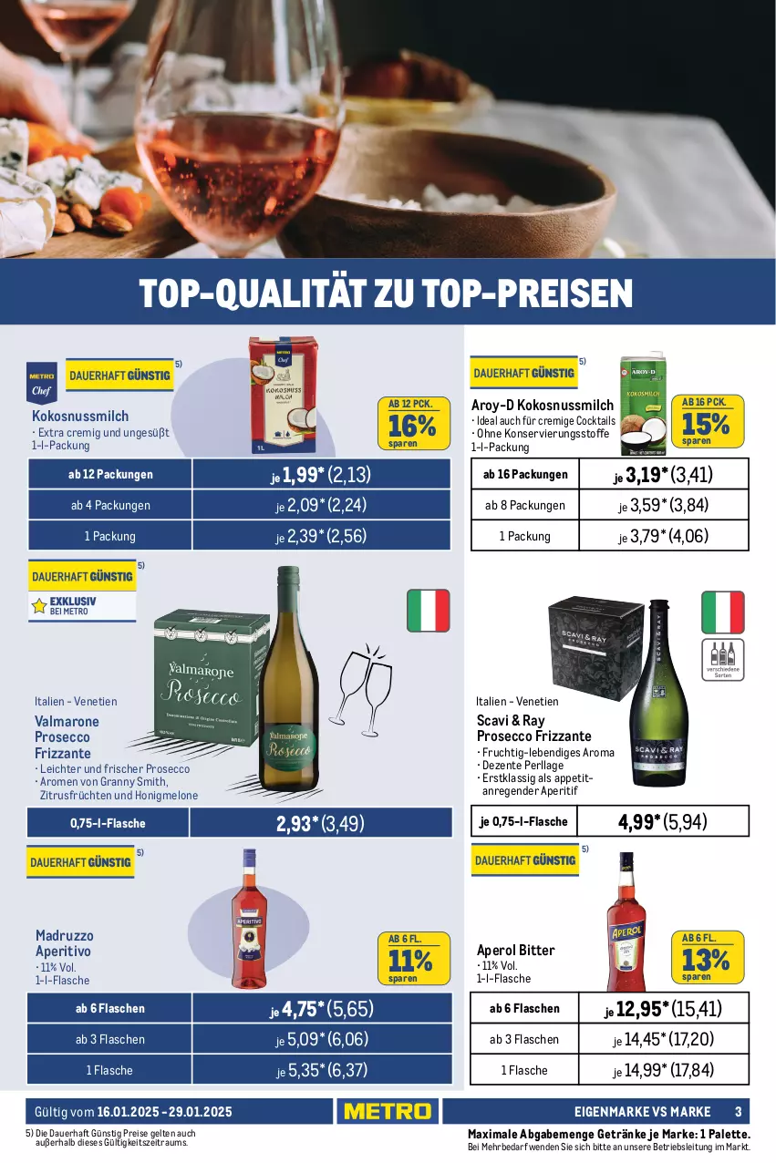 Aktueller Prospekt Metro - GastroJournal - von 16.01 bis 29.01.2025 - strona 3 - produkty: aperitif, aperol, auer, brie, cocktail, cocktails, ecco, eis, ente, flasche, fleisch, französischer weichkäse, frizzante, frucht, früchte, früchten, fruchtfleisch, galbani, getränk, getränke, gorgonzola, honig, honigmelone, Käse, kokos, kokosnuss, Kokosnussmilch, mac, melone, milch, Mutti, nuss, Palette, prosecco, reis, rind, Ti, tisch, tomate, tomaten, top-preis, torte, weichkäse