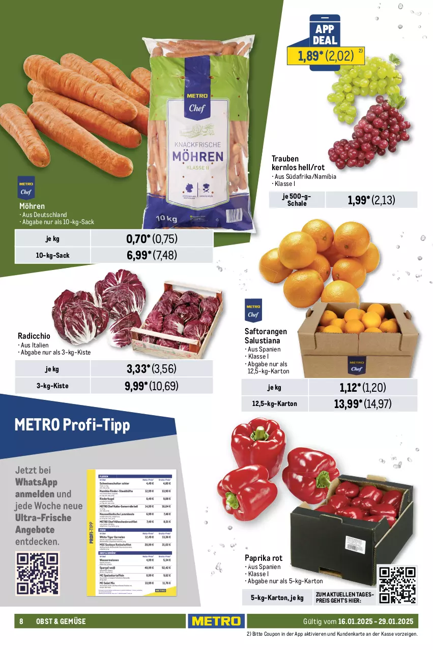 Aktueller Prospekt Metro - GastroJournal - von 16.01 bis 29.01.2025 - strona 8 - produkty: auer, beere, beeren, beutel, blattspinat, brötchen, cola, coupon, creme, eis, elle, frucht, himbeer, himbeere, himbeeren, küche, Küchen, kuchen, Lusti, Metro, möhren, nero, nuss, obst, orange, orangen, paprika, paprika rot, Radicchio, reis, sac, saft, Saftorangen, Salus, Schal, Schale, schoko, spinat, Tartufo, Ti, tiefkühlkost, trauben, weizenbrötchen