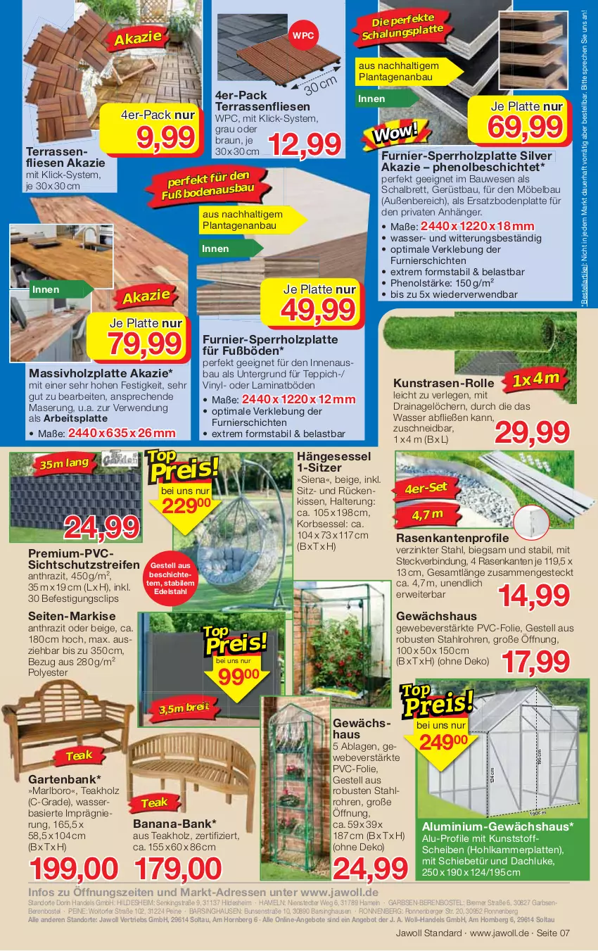 Aktueller Prospekt Jawoll - Prospekte - von 05.02 bis 11.02.2023 - strona 7 - produkty: angebot, angebote, Anhänger, arbeitsplatte, auer, Bank, Bau, Berger, Bodenplatte, braun, Brei, edelstahl, Garten, gartenbank, Gewächshaus, hängesessel, Hohlkammerplatte, Holz, kissen, korb, kunstrasen, laminat, latte, massivholz, möbel, rasen, reifen, Rückenkissen, rwe, Schal, senf, sessel, siena, teppich, Ti, usb, wasser