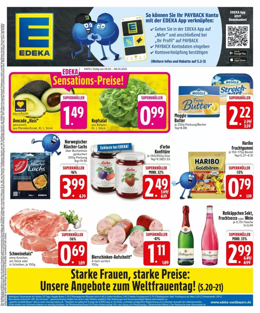 Aktueller Prospekt Edeka - Prospekte - von 04.03 bis 08.03.2025 - strona 1 - produkty: angebot, angebote, aufschnitt, avocado, Becher, beutel, bier, bierschinken, buch, butter, deka, ecco, eis, flasche, frucht, fruchtgummi, fruchtsecco, haribo, Holz, konfitüre, lachs, LG, meggle, nuss, payback, reis, rotkäppchen, rwe, schinken, schwein, schweine, sekt, Ti, wein, weine