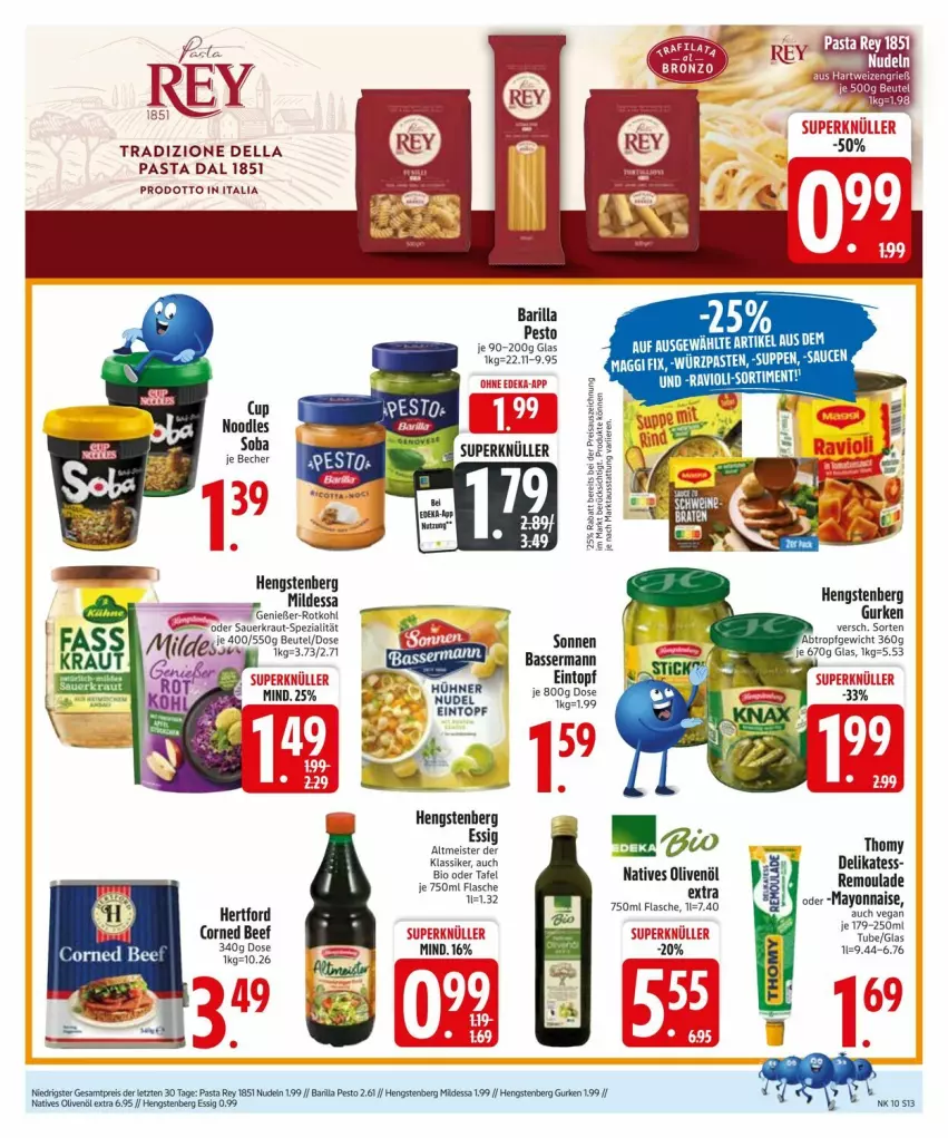 Aktueller Prospekt Edeka - Prospekte - von 04.03 bis 08.03.2025 - strona 13 - produkty: barilla, beef, beutel, bio, corned beef, dell, eis, essig, flasche, gurke, gurken, hengstenberg, Hengstenberg Gurken, mayonnaise, Meister, natives olivenöl, nudel, nudeln, olive, oliven, olivenöl, olivenöl extra, pasta, pesto, reis, remoulade, rotkohl, thomy, Ti, Yo, ZTE