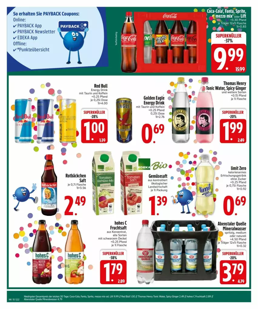 Aktueller Prospekt Edeka - Prospekte - von 04.03 bis 08.03.2025 - strona 22 - produkty: Alwa, coupon, coupons, decke, Deckel, deka, drink, elle, energy drink, erfrischungsgetränk, flasche, frucht, fruchtsaft, getränk, gin, ginger, Hohes C, mineralwasser, natur, payback, red bull, rel, saft, thomas henry, tonic, tonic water, trolli, wasser, zucker