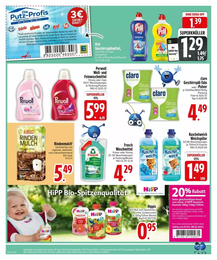 Aktueller Prospekt Edeka - Prospekte - von 04.03 bis 08.03.2025 - strona 24 - produkty: beutel, bio, Cap, coupon, deka, feinwaschmittel, flasche, Frosch, geschirr, hipp, Kraut, Kuschelweich, perwoll, rind, rindenmulch, sac, Ti, waschmittel, weichspüler