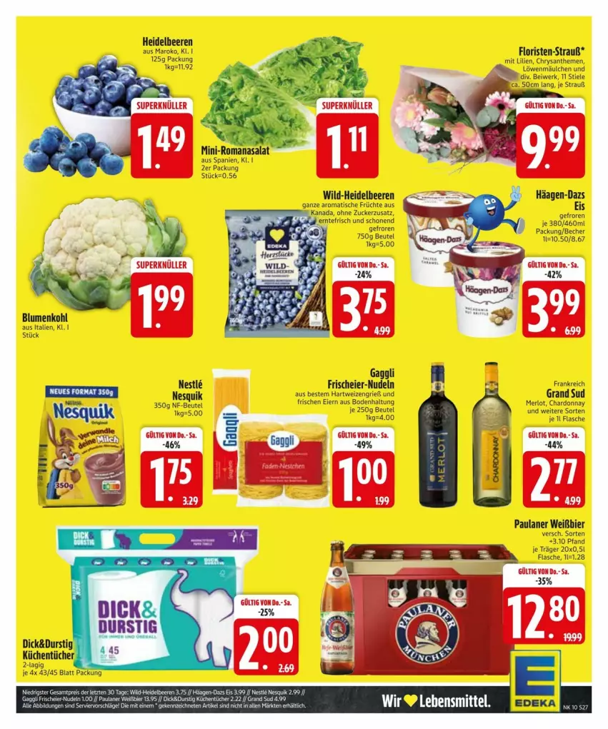 Aktueller Prospekt Edeka - Prospekte - von 04.03 bis 08.03.2025 - strona 27 - produkty: Becher, beere, beeren, beutel, bier, blume, blumen, blumenkohl, chardonnay, chrysanthemen, eier, eis, flasche, früchte, gaggli, grand sud, häagen-dazs, hartweizen, heidelbeere, heidelbeeren, lebensmittel, merl, merlot, nesquik, nudel, nudeln, Paula, paulaner, Romanasalat, salat, Ti, tisch, Wild, zucker