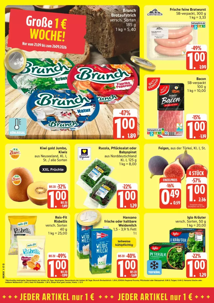 Aktueller Prospekt Edeka - Prospekte - von 21.09 bis 26.09.2026 - strona 2 - produkty: aufstrich, Babyspinat, bacon, bratwurst, brot, brotaufstrich, cola, deka, eis, Elan, Feigen, früchte, iglo, jumbo, kiwi, Kiwi Gold, kräuter, milch, reis, reis-fit, rucola, salat, spinat, Ti, weidemilch, wurst, ZTE