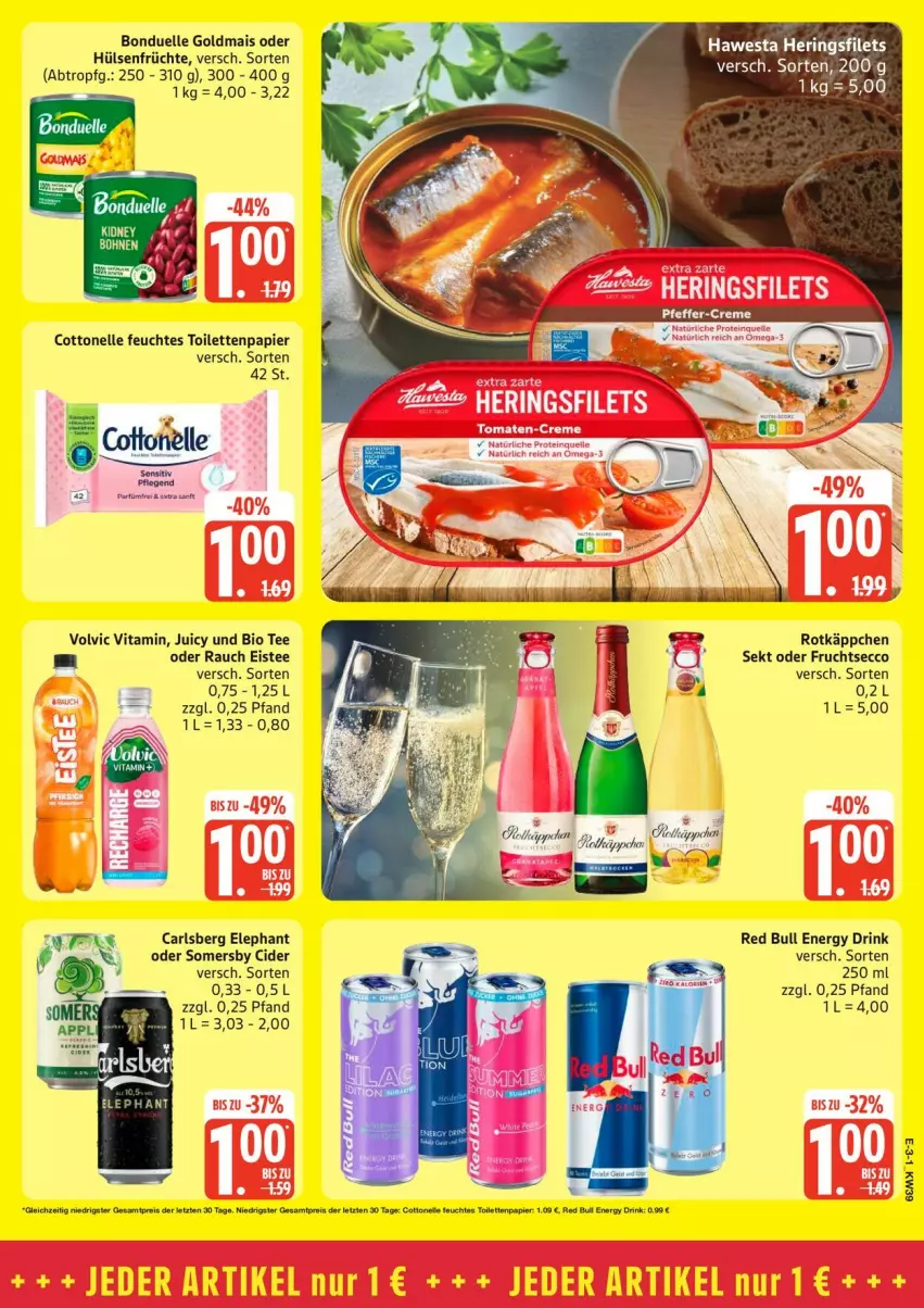 Aktueller Prospekt Edeka - Prospekte - von 21.09 bis 26.09.2026 - strona 3 - produkty: bio, bohne, bohnen, bonduelle, bonduelle goldmais, carlsberg, cider, cottonelle, drink, ecco, eis, eistee, elle, energy drink, feuchtes toilettenpapier, filet, filets, frucht, früchte, fruchtsecco, Goldmais, goldmais oder, hawesta, hering, Herings, heringsfilets, hülsenfrüchte, kidney, mais, papier, Rauch, red bull, ring, rotkäppchen, sekt, senf, somersby, tee, toilettenpapier, vita, volvic