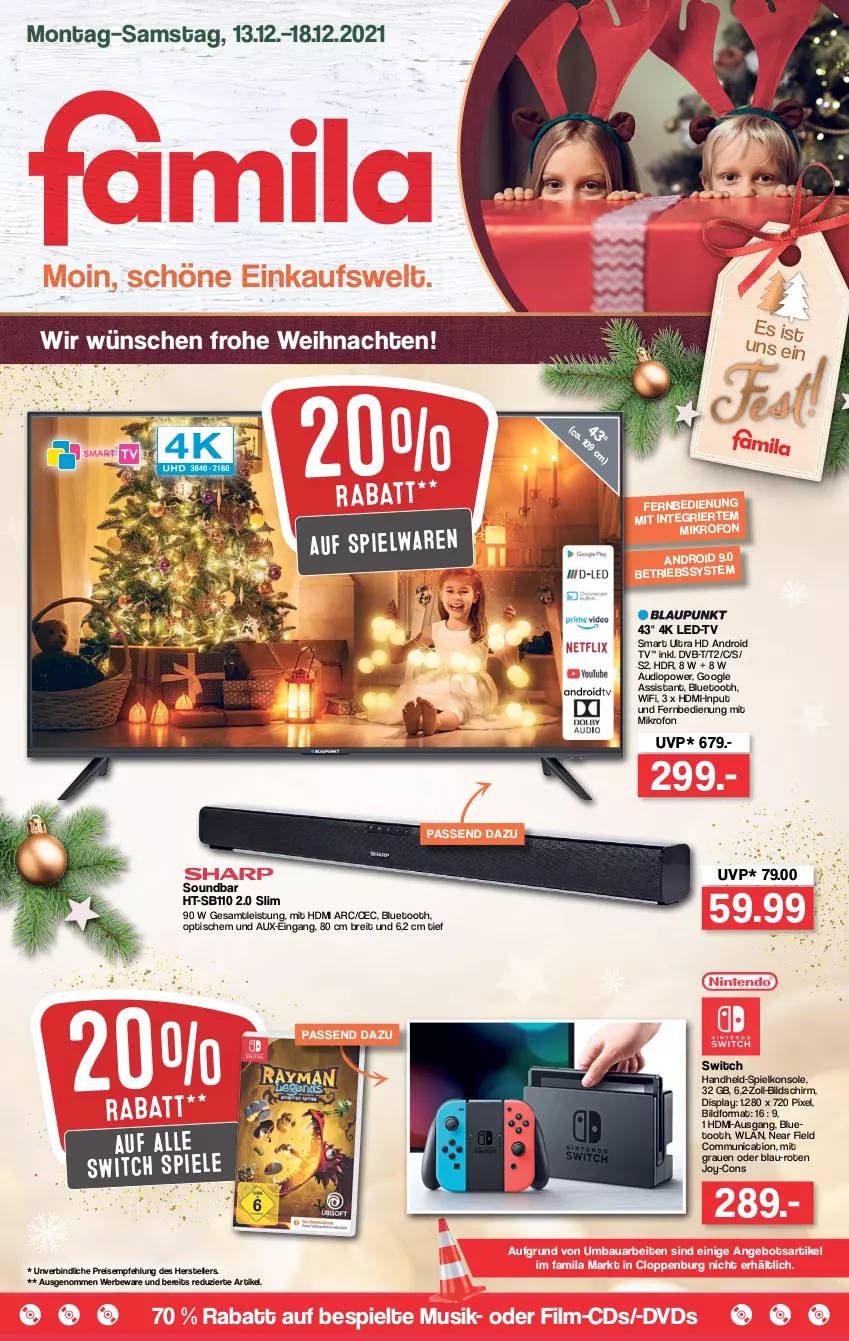 Aktueller Prospekt Famila - Prospekte - von 13.12 bis 18.12.2021 - strona 1 - produkty: Android TV, angebot, Bau, Brei, dvb, DVB-T, dvd, eis, elle, fernbedienung, HDMI, Mode, reis, soundbar, Spiele, Spielkonsole, spielwaren, teller, Ti, tisch, weihnachten