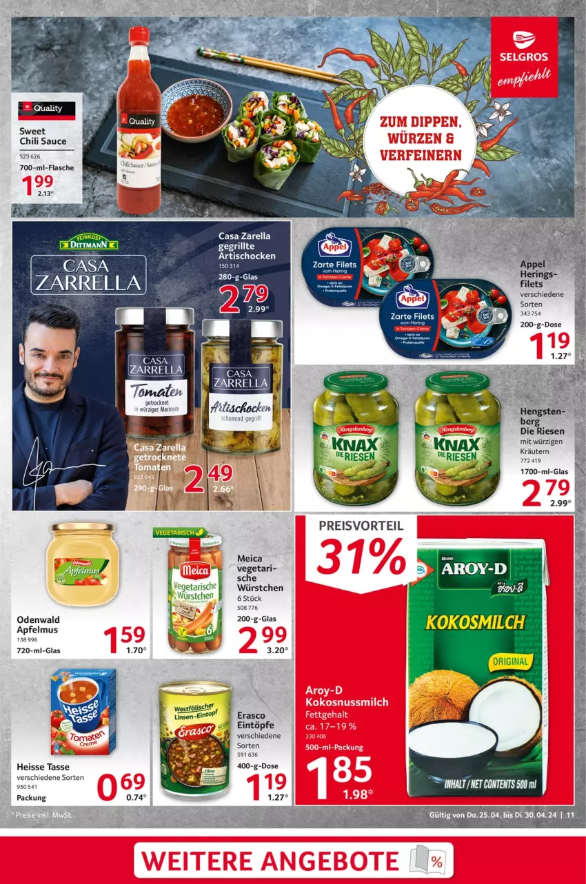 Aktueller Prospekt Selgros - Food - von 25.04 bis 30.04.2024 - strona 11 - produkty: Artischocken, chili, dessert, eintöpfe, eis, erasco, flasche, kräuter, kräutern, meica, odenwald, rel, sauce, tasse, Ti, tisch, Vegeta, würstchen