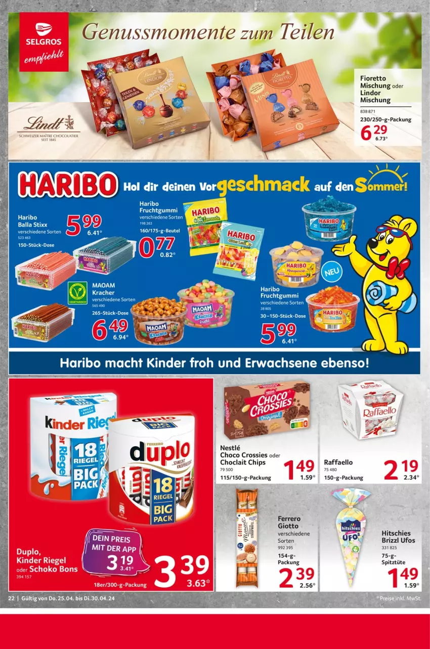 Aktueller Prospekt Selgros - Food - von 25.04 bis 30.04.2024 - strona 22 - produkty: ball, chips, choclait chips, choco crossies, crossies, ente, ferrero, frucht, fruchtgummi, giotto, haribo, Kinder, kracher, lindor, mac, maoam, nuss, raffaello, Ti, Tüte