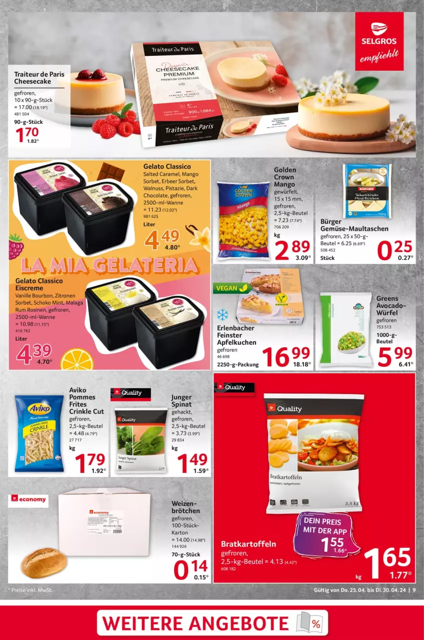 Aktueller Prospekt Selgros - Food - von 25.04 bis 30.04.2024 - strona 9 - produkty: apfel, Apfelkuchen, beutel, bourbon, brötchen, caramel, cheesecake, classico, cola, creme, eis, eiscreme, kartoffel, kartoffeln, kuchen, mango, maultaschen, mint, nuss, pommes, rum, schoko, Sorbet, spinat, Tasche, taschen, Ti, vanille, walnuss, Wanne, zitrone, zitronen