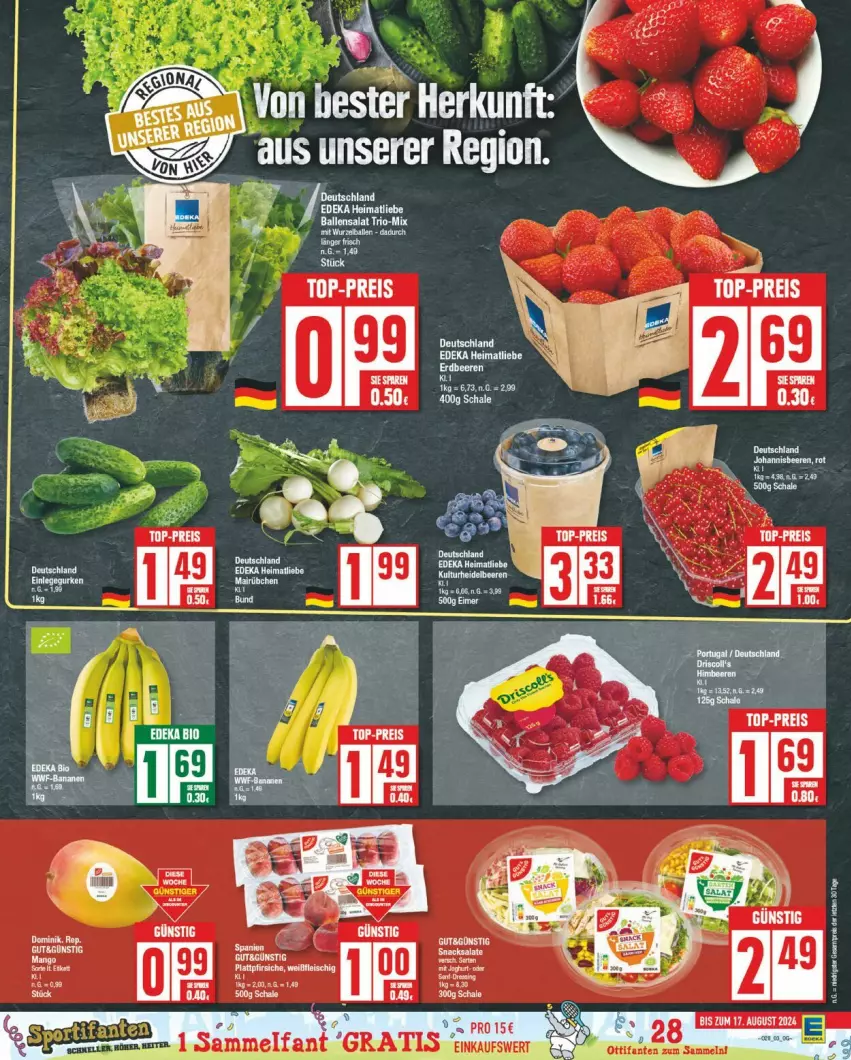 Aktueller Prospekt Edeka - Prospekte - von 08.07 bis 13.07.2024 - strona 3 - produkty: ball, beere, beeren, deka, eis, fleisch, johannisbeere, Johannisbeeren, pfirsich, pfirsiche, plattpfirsiche, reis, salat, salate, Schal, Schale, snack, snacks, Ti, top-preis, Yo