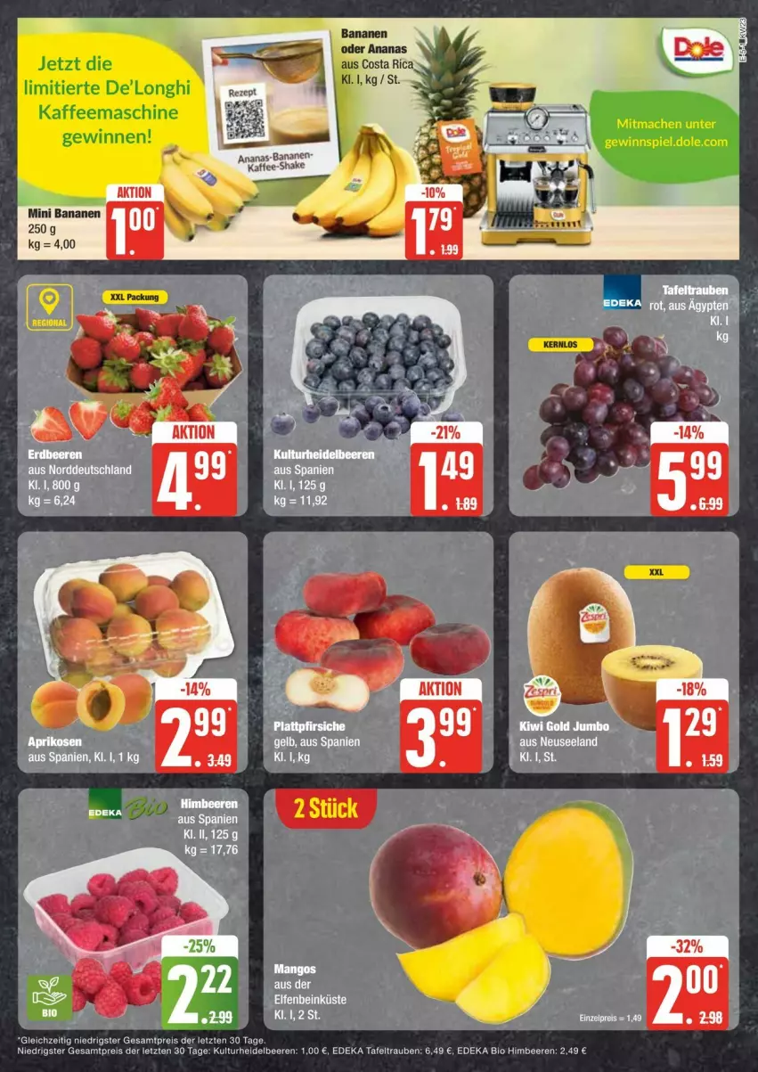 Aktueller Prospekt Edeka - Prospekte - von 01.06 bis 08.06.2024 - strona 5 - produkty: ananas, aprikose, aprikosen, banane, bananen, beere, beeren, bett, bio, deka, edeka bio, eis, Elan, heidelbeere, heidelbeeren, himbeer, himbeere, himbeeren, kaffee, kaffeemaschine, reis, tafeltrauben, Ti, trauben, ZTE