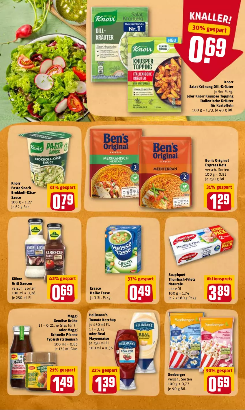 Aktueller Prospekt Rewe - Diese Woche im Angebot! - von 25.04 bis 30.04.2022 - strona 18 - produkty: aktionspreis, Ben’s Original, Berger, brokkoli, Brühe, eis, elle, erasco, filet, filets, fisch, gin, grill, kartoffel, kartoffeln, Käse, ketchup, knorr, knorr pasta, kräuter, Kühne, maggi, Maggi Schnelle Pfanne, mayonnaise, natur, natura, pasta, pasta snack, pfanne, reis, salat, sauce, saucen, saupiquet, seeberger, snack, tasse, thunfisch, Ti, tomato ketchup, Yo