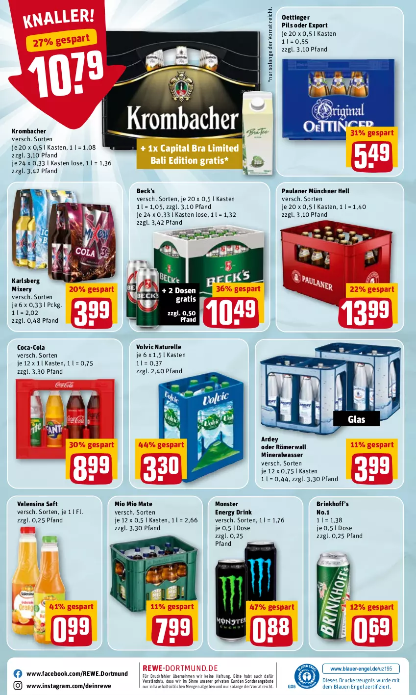 Aktueller Prospekt Rewe - Diese Woche im Angebot! - von 25.04 bis 30.04.2022 - strona 20 - produkty: Alwa, angebot, angebote, Cap, coca-cola, cola, drink, drucker, elle, energy drink, Engel, karlsberg, karlsberg mixery, kerze, krombache, krombacher, mineralwasser, Mio Mio, Mixer, mixery, monster, Monster Energy, natur, oettinger, Paula, paulaner, pils, rel, saft, Ti, valensina, volvic, wasser