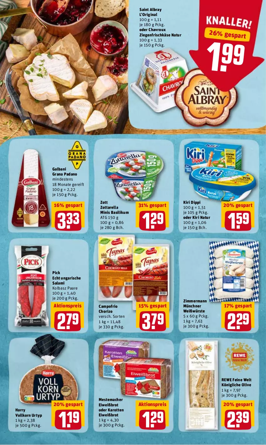 Aktueller Prospekt Rewe - Diese Woche im Angebot! - von 25.04 bis 30.04.2022 - strona 8 - produkty: aktionspreis, albray, basilikum, brot, campofrio, chavroux, chorizo, dip, eis, Eiweißbrot, frischkäse, galbani, gin, grana, grana padano, karotten, Käse, kiri, korn, mac, mestemacher, natur, olive, padano, Rana, reis, rel, rewe feine welt, saint albray, salami, Ti, Ungarische Salami, urtyp, ziegenfrischkäse, zott, zottarella, zottarella minis