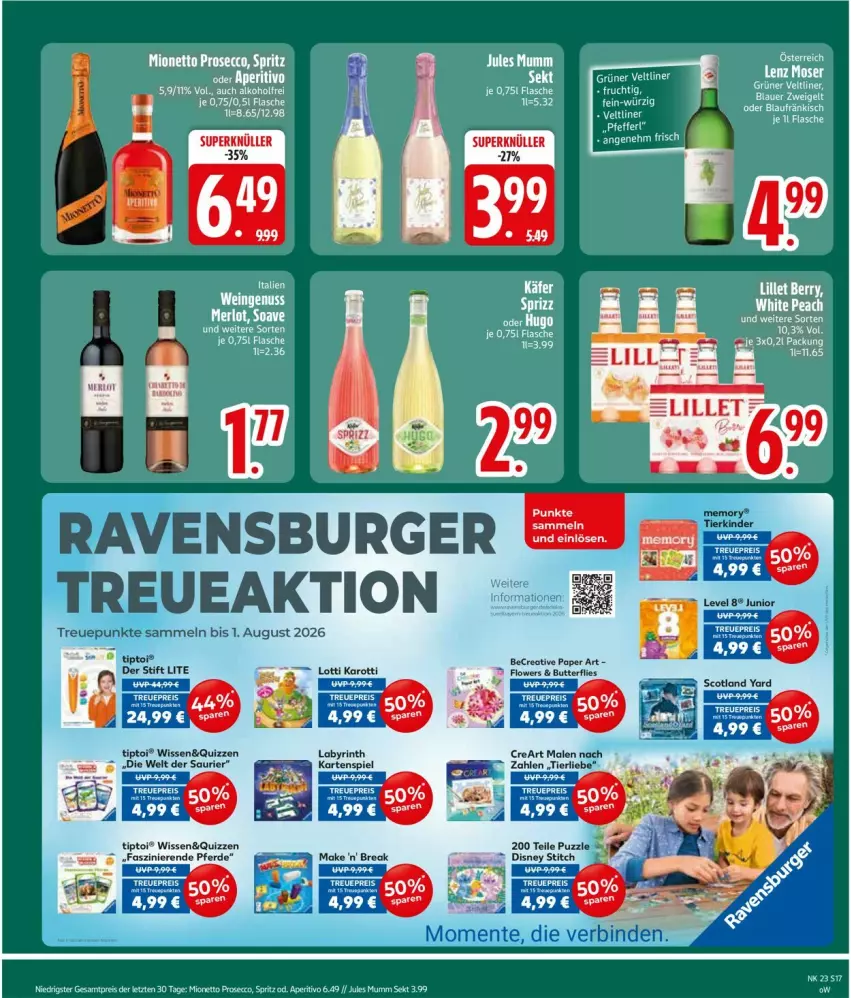 Aktueller Prospekt Edeka - Prospekte - von 01.06 bis 06.06.2026 - strona 19 - produkty: alkohol, auer, binden, blauer zweigelt, burger, butter, disney, ecco, eis, ente, erde, flasche, Flowers, jules mumm, K2, Kartenspiel, Lenz Moser, mionetto, moser, mumm, prosecco, Puzzle, ravensburger, reis, sekt, Ti, Tiptoi, ZTE, Zweigelt