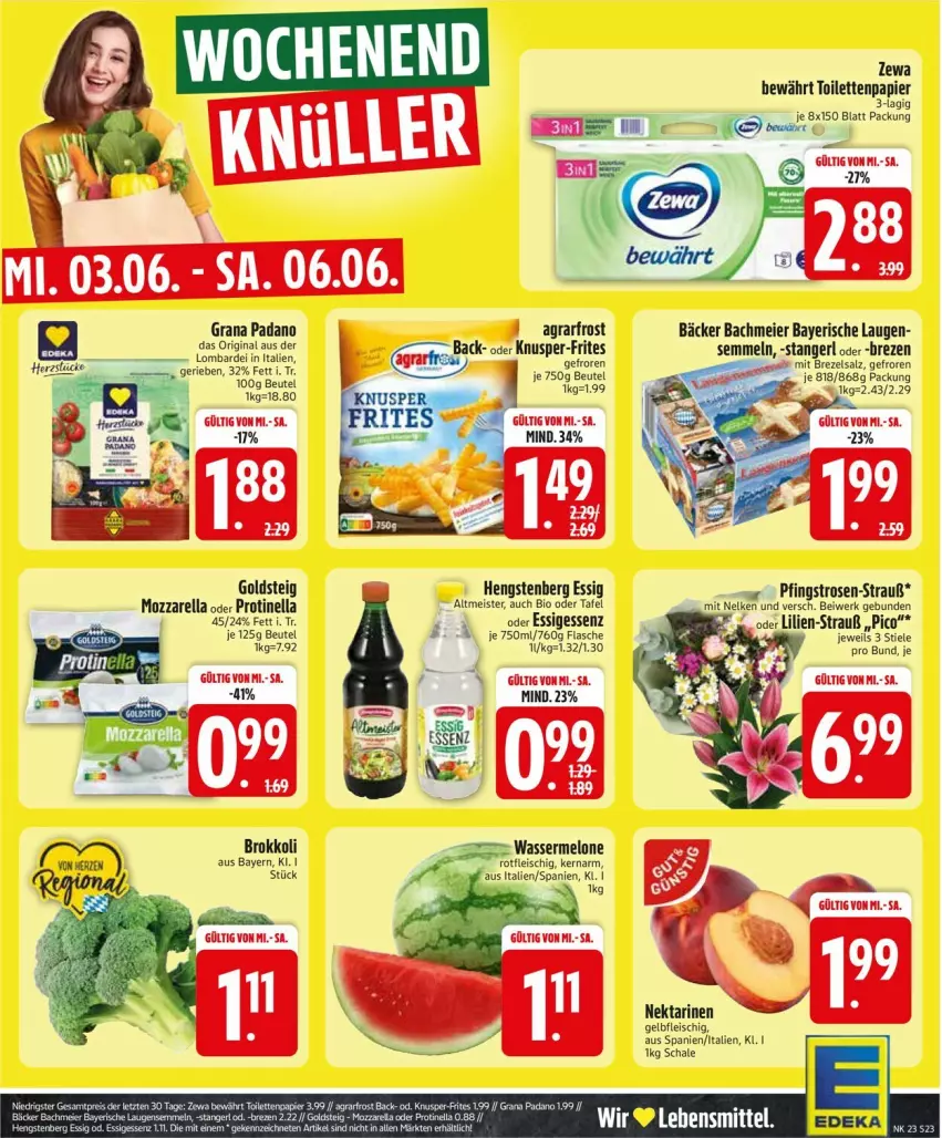 Aktueller Prospekt Edeka - Prospekte - von 01.06 bis 06.06.2026 - strona 25 - produkty: agrarfrost, beutel, bio, brezel, brokkoli, eier, eis, essig, flasche, fleisch, gin, goldsteig, grana, grana padano, hengstenberg, Meister, melone, mozzarella, Nektar, nektarinen, padano, Pfingstrosen, Rana, rel, rosen, salz, Schal, Schale, Semmel, Ti, wasser, wassermelone
