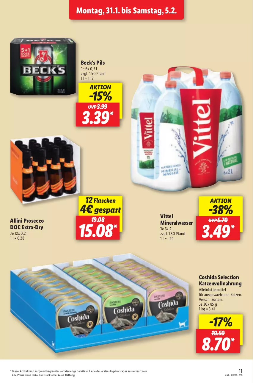 Aktueller Prospekt Lidl - Aktionsprospekt - von 31.01 bis 05.02.2022 - strona 11 - produkty: alleinfuttermittel, Alwa, angebot, Coshida, ecco, eis, flasche, mineralwasser, pils, prosecco, reis, Ti, vittel, wasser, ZTE