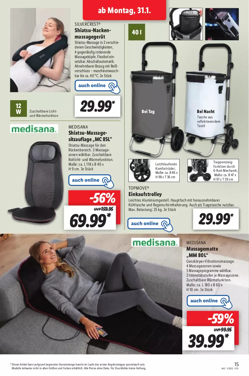 Aktueller Prospekt Lidl - Aktionsprospekt - von 31.01 bis 05.02.2022 - strona 15 - produkty: aluminiumgestell, angebot, auto, dell, eis, elle, isana, kühltasche, Laufen, Massagegerät, Massagesitzauflage, medisana, Mode, reis, sana, Schal, silvercrest, Sitzauflage, Tasche, Ti, Tiere, tragetasche, trolley, ZTE