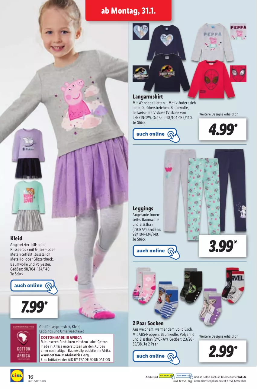 Aktueller Prospekt Lidl - Aktionsprospekt - von 31.01 bis 05.02.2022 - strona 16 - produkty: Bau, baumwolle, eis, gin, kleid, Langarmshirt, leggings, lenzing, ndk, pailletten, Plüsch, Schal, Schale, shirt, socken, Ti, Unterwäsche, wendepailletten, wolle, ZTE