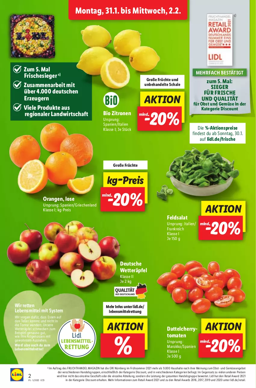 Aktueller Prospekt Lidl - Aktionsprospekt - von 31.01 bis 05.02.2022 - strona 2 - produkty: Abtei, aktionspreis, angebot, bio, cherrytomaten, discount, eis, elle, feldsalat, frucht, früchte, lebensmittel, magazin, obst, Obst und Gemüse, orange, orangen, reis, salat, Schal, Schale, teller, Ti, tomate, tomaten, und gemüse, zitrone, zitronen