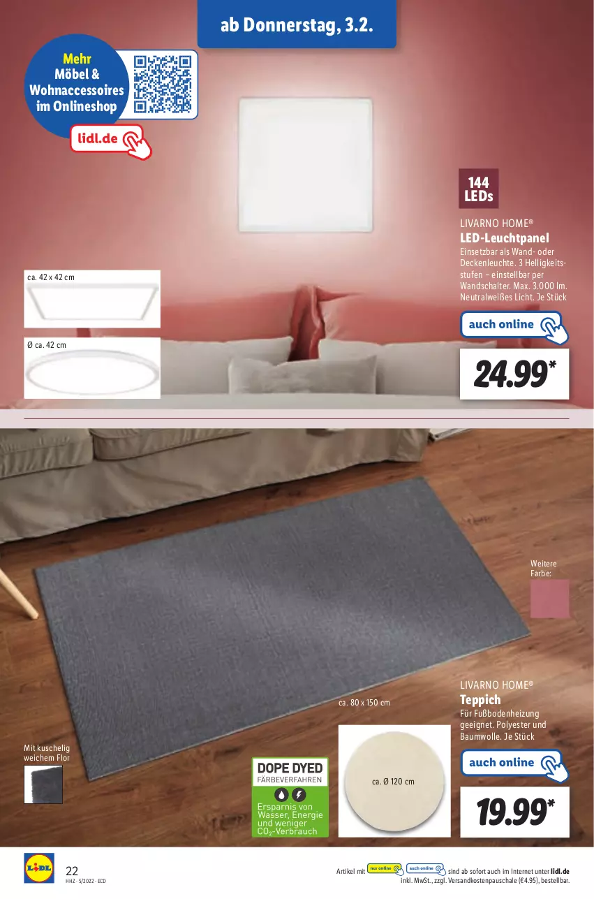 Aktueller Prospekt Lidl - Aktionsprospekt - von 31.01 bis 05.02.2022 - strona 22 - produkty: ACC, accessoires, Bau, baumwolle, decke, deckenleuchte, leds, Leuchte, möbel, ndk, Schal, Schale, teppich, Ti, wolle