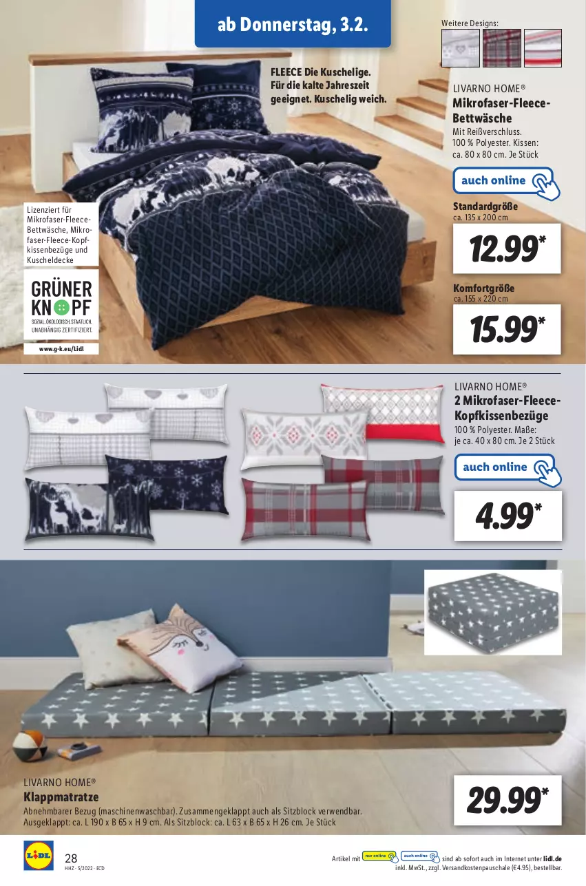 Aktueller Prospekt Lidl - Aktionsprospekt - von 31.01 bis 05.02.2022 - strona 28 - produkty: bett, bettwäsche, decke, kissen, kopfkissen, kuscheldecke, matratze, mikrofaser, ndk, rwe, Schal, Schale, Ti