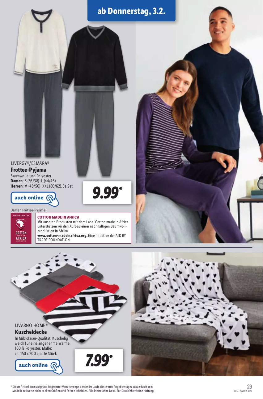 Aktueller Prospekt Lidl - Aktionsprospekt - von 31.01 bis 05.02.2022 - strona 29 - produkty: angebot, Bau, baumwolle, decke, dell, eis, elle, esmara, kuscheldecke, livergy, mikrofaser, Mode, Pyjama, reis, tee, Ti, wolle, ZTE