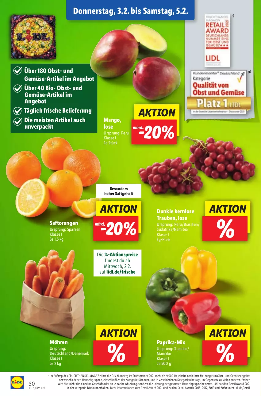 Aktueller Prospekt Lidl - Aktionsprospekt - von 31.01 bis 05.02.2022 - strona 30 - produkty: Abtei, aktionspreis, angebot, bio, discount, eis, frucht, magazin, mango, möhren, obst, orange, orangen, paprika, reis, saft, Saftorangen, Ti, trauben, und gemüse