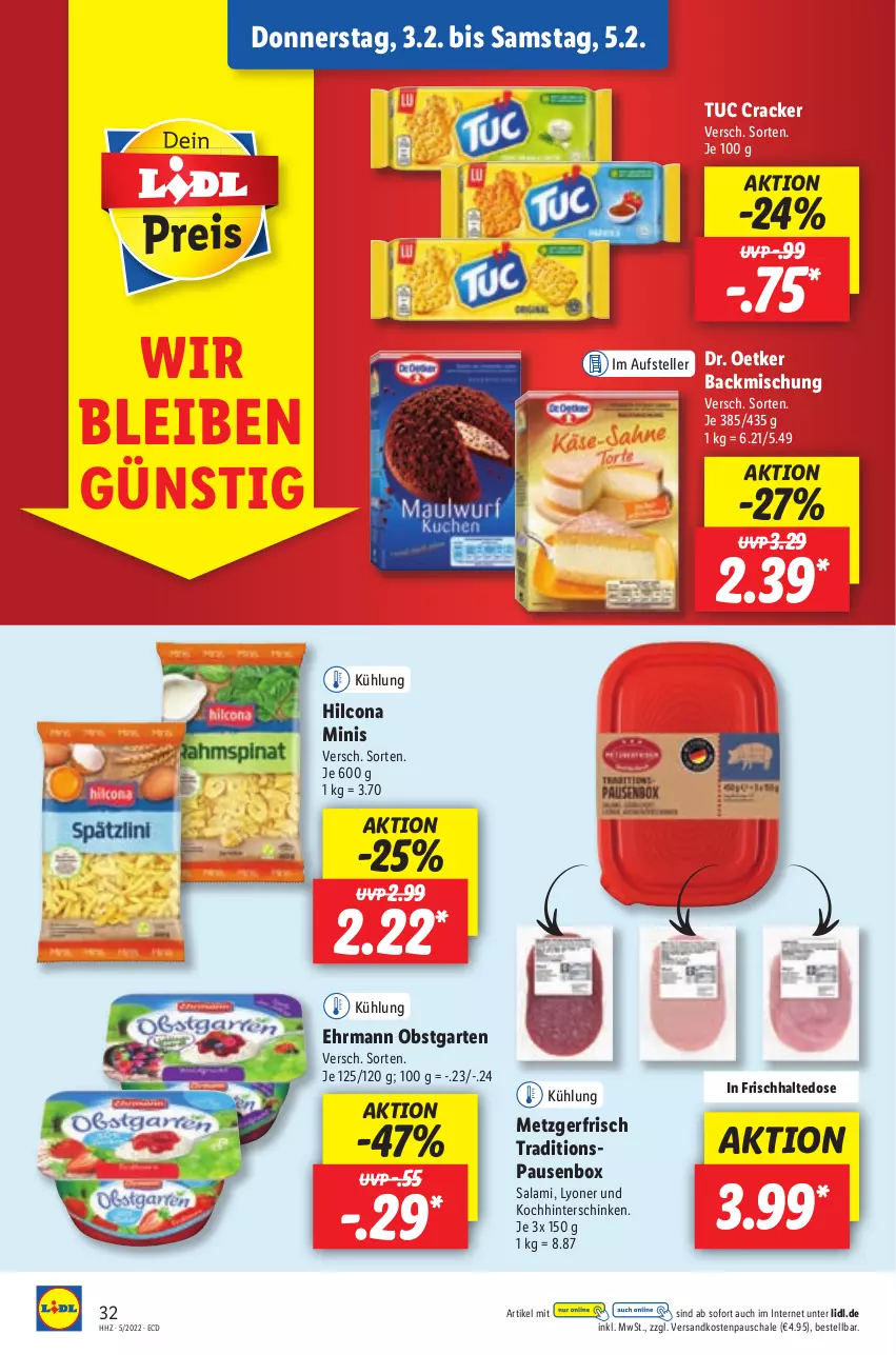 Aktueller Prospekt Lidl - Aktionsprospekt - von 31.01 bis 05.02.2022 - strona 32 - produkty: backmischung, cracker, Dr. Oetker, ehrmann, elle, Garten, hilcona, hinterschinken, lyoner, ndk, obst, obstgarten, salami, Schal, Schale, schinken, teller, Ti, tuc, Yo