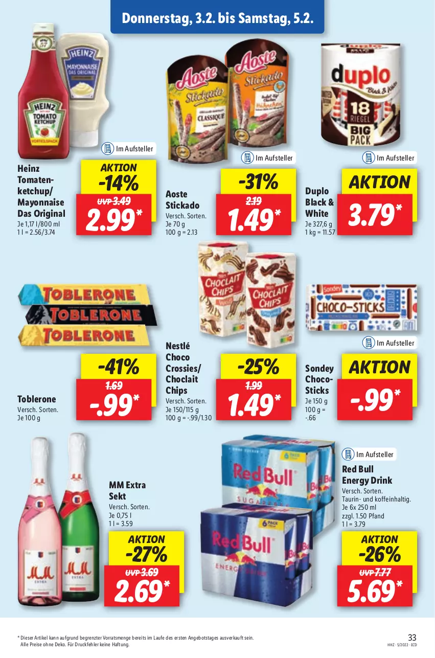 Aktueller Prospekt Lidl - Aktionsprospekt - von 31.01 bis 05.02.2022 - strona 33 - produkty: angebot, aoste stickado, chips, choclait chips, choco crossies, crossies, drink, duplo, eis, elle, energy drink, gin, heinz, ketchup, lack, mayonnaise, mm extra, nestlé, red bull, reis, sekt, Sondey, stickado, teller, Ti, toblerone, tomate, tomaten, Yo, ZTE