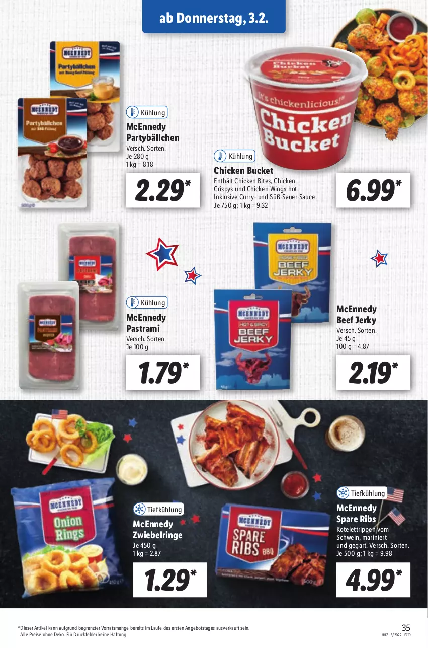 Aktueller Prospekt Lidl - Aktionsprospekt - von 31.01 bis 05.02.2022 - strona 35 - produkty: angebot, Astra, auer, beef, bites, chicken wings, curry, eis, kotelett, mcennedy, pastrami, reis, ring, Rippen, sauce, schwein, spare ribs, Ti, wein, ZTE, zwiebel