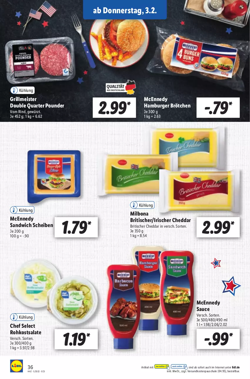 Aktueller Prospekt Lidl - Aktionsprospekt - von 31.01 bis 05.02.2022 - strona 36 - produkty: Bona, brötchen, burger, cheddar, eis, gewürz, grill, hamburger, hamburger brötchen, mcennedy, Meister, Milbona, ndk, rind, salat, salate, sandwich, sauce, Schal, Schale, Ti, tisch