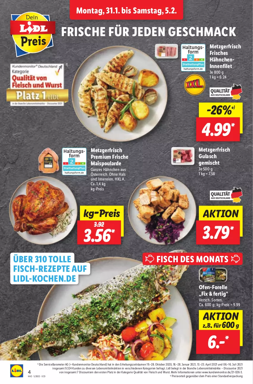 Aktueller Prospekt Lidl - Aktionsprospekt - von 31.01 bis 05.02.2022 - strona 4 - produkty: discount, eis, elle, filet, fisch, fleisch, forelle, gulasch, lebensmittel, mac, mais, monitor, Ofen, preisvorteil, pril, reis, rel, rezept, rezepte, Ti, wurst