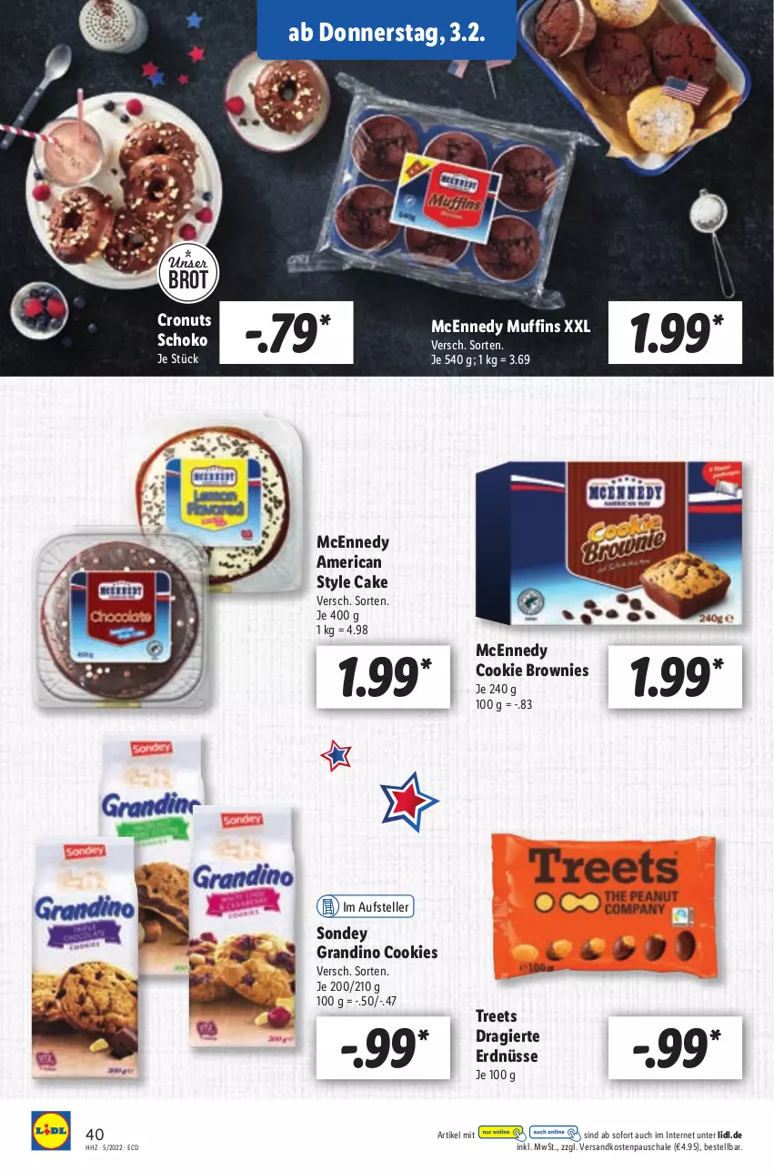 Aktueller Prospekt Lidl - Aktionsprospekt - von 31.01 bis 05.02.2022 - strona 40 - produkty: brot, brownie, brownies, cookie, cookies, elle, erdnüsse, mcennedy, Muffin, muffins, ndk, Schal, Schale, schoko, Sondey, teller, Ti