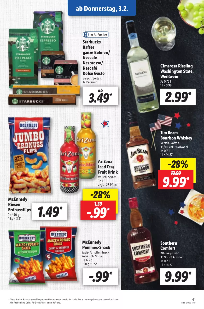 Aktueller Prospekt Lidl - Aktionsprospekt - von 31.01 bis 05.02.2022 - strona 41 - produkty: alkohol, angebot, bohne, bohnen, bourbon, bourbon whiskey, dolce gusto, drink, eis, elle, erdnuss, espresso, jim beam, kaffee, kaffee ganze bohnen, kartoffel, likör, mais, mcennedy, Nescafé, nespresso, nuss, pommes, reis, riesling, snack, Southern Comfort, starbucks, teller, Ti, wein, Weißwein, whiskey, ZTE