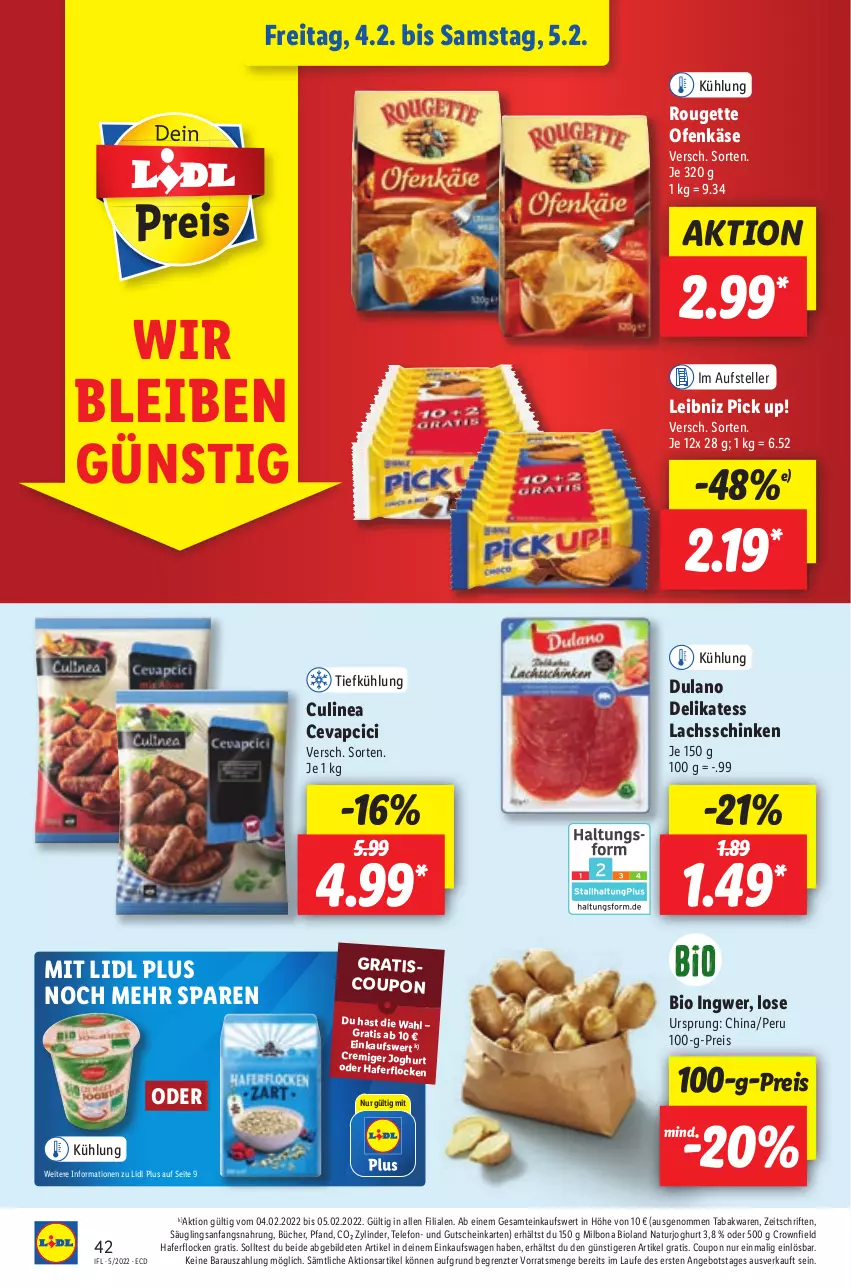 Aktueller Prospekt Lidl - Aktionsprospekt - von 31.01 bis 05.02.2022 - strona 42 - produkty: angebot, bio, bioland, Bona, cevapcici, coupon, dulano, eis, elle, gutschein, hafer, haferflocken, ingwer, joghur, joghurt, Käse, lachs, lachsschinken, leibniz, Milbona, natur, naturjoghurt, Ofen, Ofenkäse, Pick Up!, reis, rouge, rougette, schinken, telefon, teller, Ti, ZTE