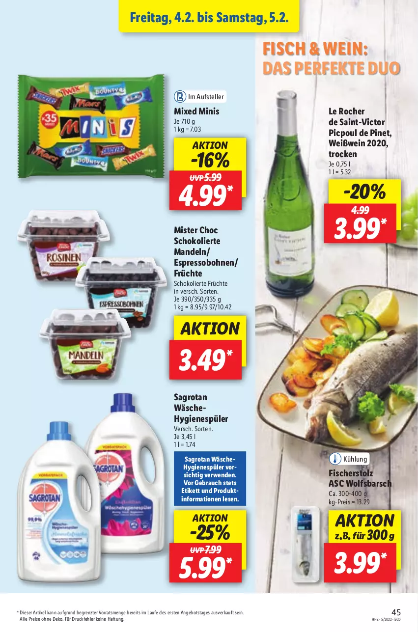 Aktueller Prospekt Lidl - Aktionsprospekt - von 31.01 bis 05.02.2022 - strona 45 - produkty: angebot, bohne, bohnen, eis, elle, espresso, fisch, fische, Fischer, früchte, hygienespüler, mandel, mandeln, Rauch, reis, rwe, sagrotan, schoko, teller, Ti, wein, Weißwein, wolfsbarsch, ZTE