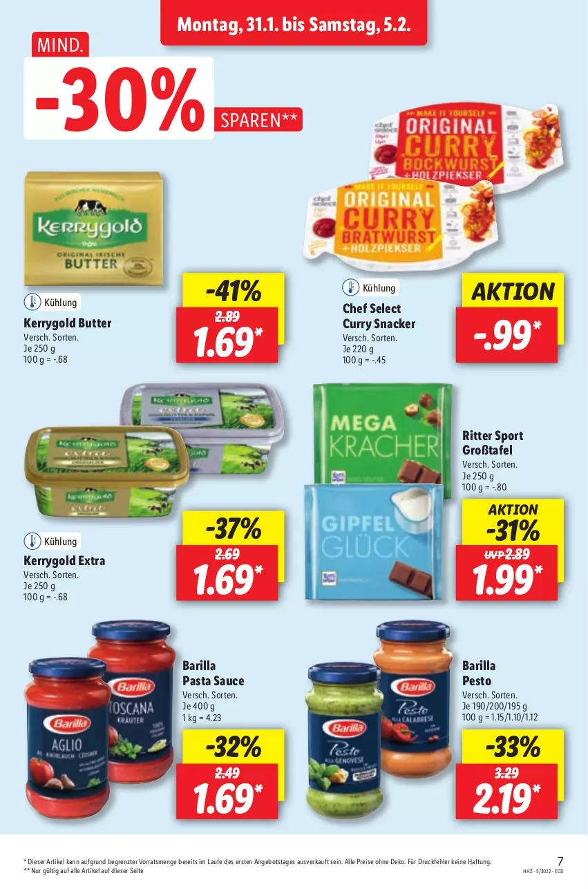 Aktueller Prospekt Lidl - Aktionsprospekt - von 31.01 bis 05.02.2022 - strona 7 - produkty: angebot, barilla, butter, curry, eis, kerrygold, kerrygold extra, pasta, Pasta Sauce, pesto, reis, ritter, ritter sport, sauce, snack, Sport, Ti, ZTE