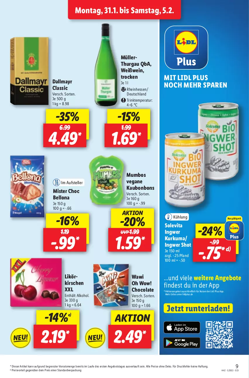 Aktueller Prospekt Lidl - Aktionsprospekt - von 31.01 bis 05.02.2022 - strona 9 - produkty: alkohol, angebot, angebote, bonbons, cola, dallmayr, eis, elle, ingwer, kirsch, kirsche, kirschen, likör, Müller, preisvorteil, reis, teller, Ti, vita, wein, Weißwein, ZTE