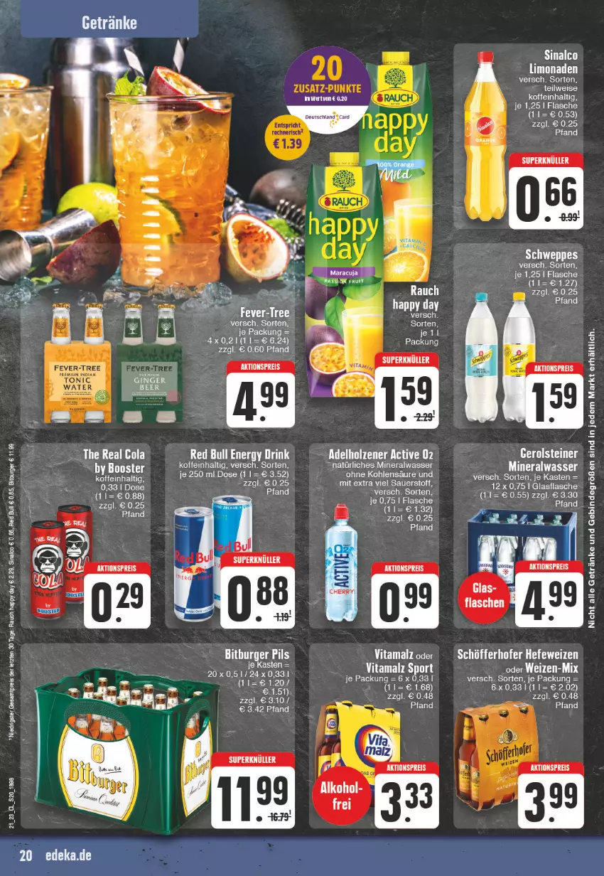 Aktueller Prospekt Edeka - Angebote der Woche - von 22.05 bis 27.05.2023 - strona 20 - produkty: aeg, aktionspreis, Alwa, auer, bitburger, burger, drink, eier, eis, elle, energy drink, flasche, getränk, getränke, gin, ginger, glasflasche, Happy Day, limo, limonade, limonaden, malz, mineralwasser, natürliches mineralwasser, Rauch, red bull, reis, sinalco, Sport, tee, Ti, usb, vita, vitamalz, wasser, ZTE