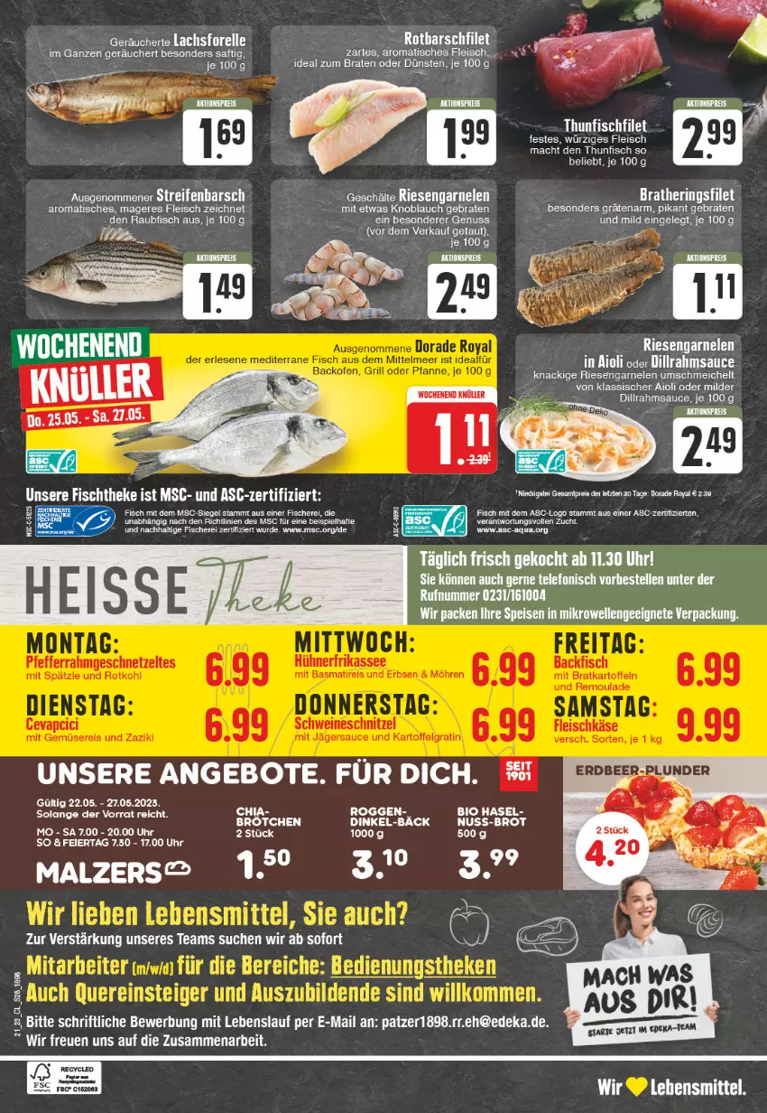 Aktueller Prospekt Edeka - Angebote der Woche - von 22.05 bis 27.05.2023 - strona 28 - produkty: aioli, angebot, angebote, aqua, bio, braten, brötchen, deka, eier, eis, elle, filet, fisch, fische, Fischer, fischtheke, fleisch, garnelen, ideal zum braten, knoblauch, mac, malz, nuss, riesengarnelen, saft, sauce, Schere, tee, telefon, thunfisch, Ti, tisch, uhr