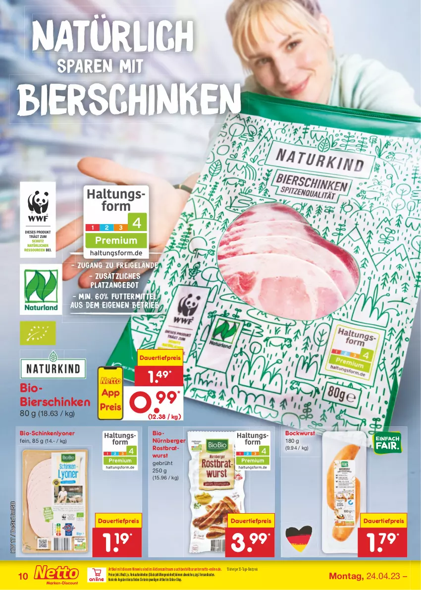 Aktueller Prospekt Netto Marken-Discount - Filial-Angebote - von 24.04 bis 29.04.2023 - strona 10 - produkty: angebot, auer, Berger, bestpreis, bier, bierschinken, bio, bockwurst, bratwurst, dauertiefpreis, eis, lyoner, ndk, nürnberger, reis, rostbratwurst, schinken, schwein, Ti, tiefpreis, wein, wurst, Yo