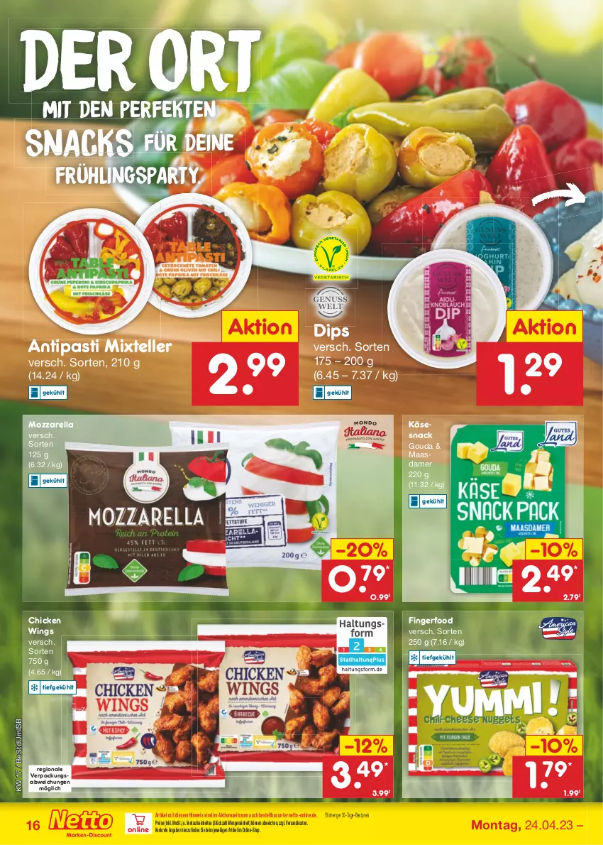 Aktueller Prospekt Netto Marken-Discount - Filial-Angebote - von 24.04 bis 29.04.2023 - strona 16 - produkty: antipasti, asti, bestpreis, chicken wings, dip, eis, elle, gouda, Käse, Maasdam, maasdamer, mozzarella, ndk, reis, rel, snack, snacks, teller, Ti