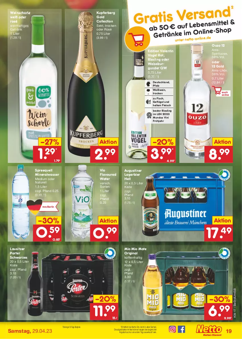 Aktueller Prospekt Netto Marken-Discount - Filial-Angebote - von 24.04 bis 29.04.2023 - strona 19 - produkty: Alwa, angebot, bestpreis, bier, burgunder, eis, elle, fisch, fleisch, Geflügel, getränk, gin, Lagerbier, lebensmittel, likör, mineralwasser, Mineralwasser Medium, Mio Mio, natur, ouzo, ouzo 12, reis, rel, riesling, schorle, sekt, Spreequell, Ti, wasser, wein, weinschorle, Weißwein, ZTE