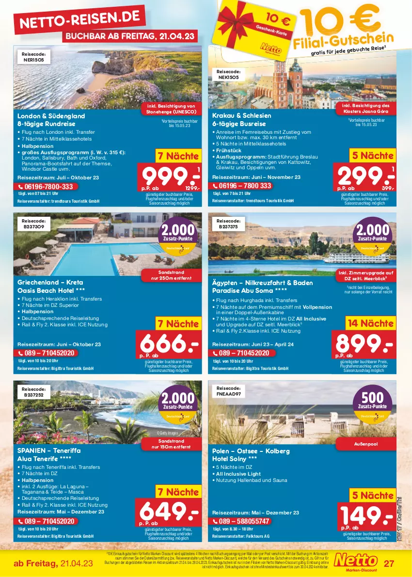 Aktueller Prospekt Netto Marken-Discount - Filial-Angebote - von 24.04 bis 29.04.2023 - strona 27 - produkty: Bad, buch, discount, eis, gutschein, lion, marken-discount, pool, pril, rama, reis, reiseveranstalter, Ti, trendtours touristik gmbh, uhr, vorteilspreis