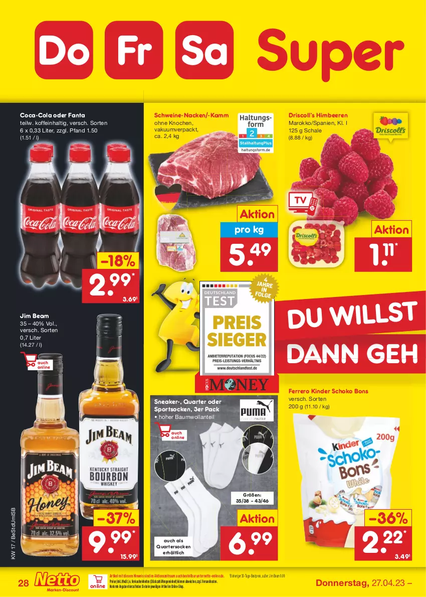 Aktueller Prospekt Netto Marken-Discount - Filial-Angebote - von 24.04 bis 29.04.2023 - strona 28 - produkty: Bau, beere, beeren, bestpreis, coca-cola, cola, eis, fanta, ferrero, himbeer, himbeere, himbeeren, jim beam, Kinder, ndk, reis, Schal, Schale, schoko, schwein, schweine, sneaker, socken, Sport, sportsocken, Ti, wein, weine