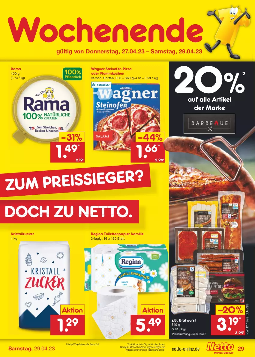 Aktueller Prospekt Netto Marken-Discount - Filial-Angebote - von 24.04 bis 29.04.2023 - strona 29 - produkty: angebot, bestpreis, bratwurst, eis, flammkuchen, gin, Kamill, kamille, kuchen, lamm, Ofen, papier, pizza, rama, reis, steinofen, steinofen pizza, Ti, toilettenpapier, wagner, wurst, ZTE, zucker