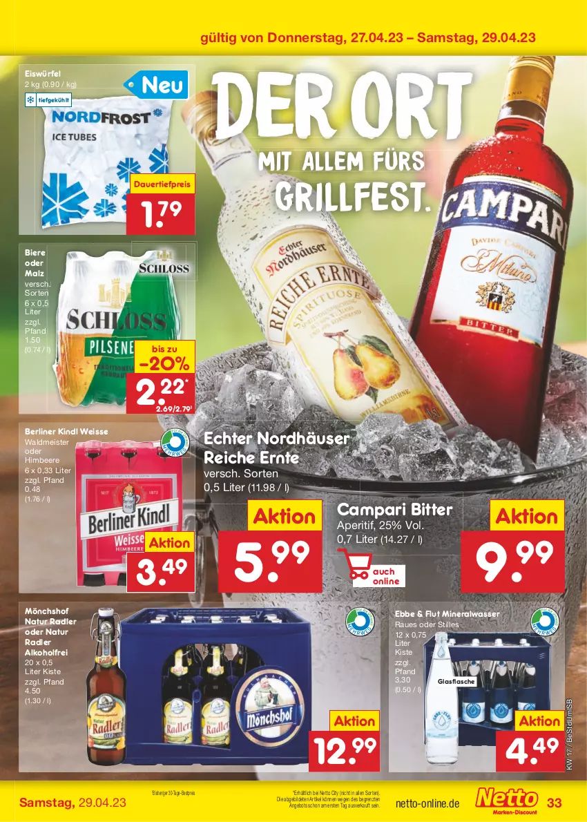 Aktueller Prospekt Netto Marken-Discount - Filial-Angebote - von 24.04 bis 29.04.2023 - strona 33 - produkty: alkohol, Alwa, angebot, aperitif, auer, beere, berliner, berliner kindl, bestpreis, bier, Biere, campari, dauertiefpreis, eis, eiswürfel, flasche, glasflasche, grill, himbeer, himbeere, malz, Meister, mineralwasser, mönchshof, natur, natur radler, radler, reis, Ti, tiefpreis, waldmeister, wasser, würfel, ZTE