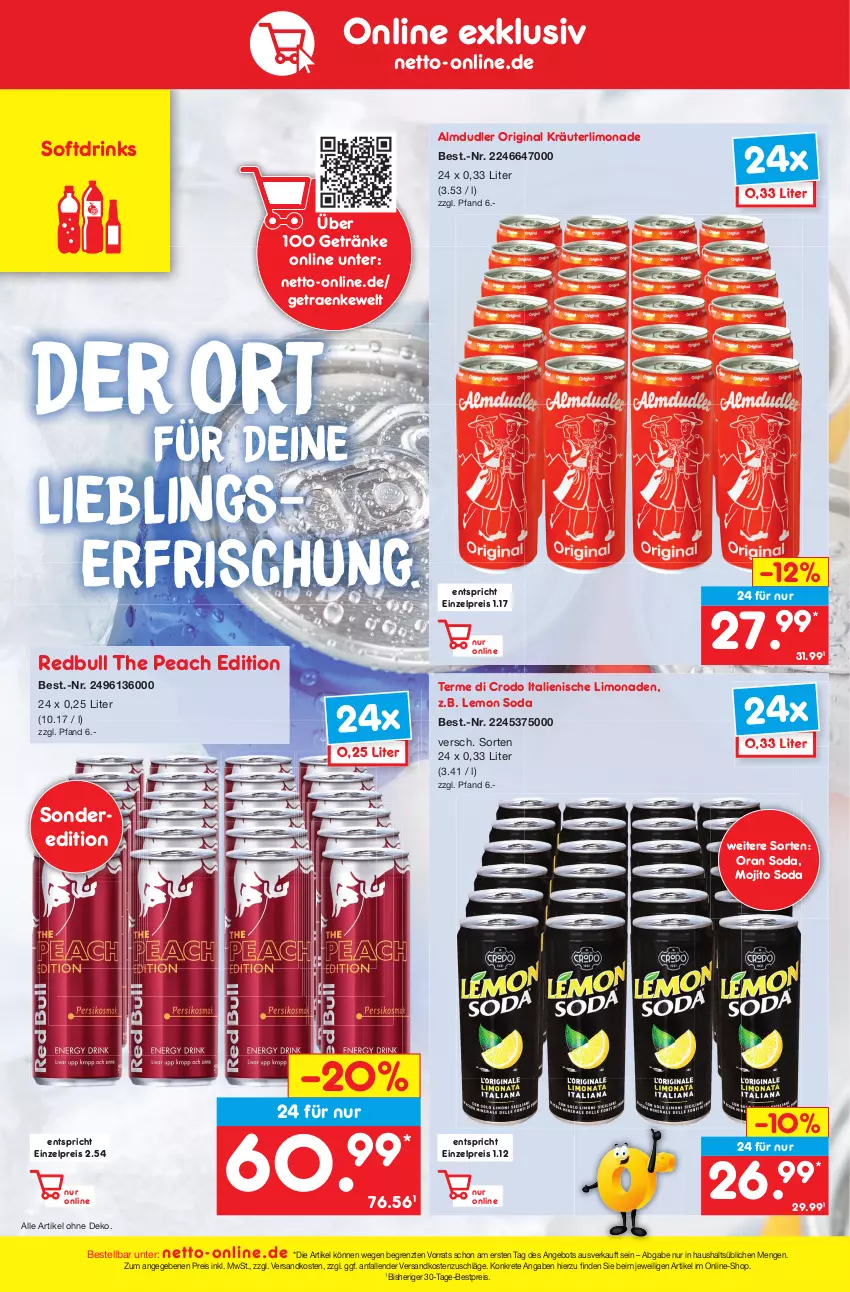 Aktueller Prospekt Netto Marken-Discount - Filial-Angebote - von 24.04 bis 29.04.2023 - strona 44 - produkty: almdudler, angebot, bestpreis, drink, drinks, eis, getränk, getränke, gin, kräuter, limo, limonade, limonaden, mam, mojito, ndk, reis, Soda, telefon, Ti, ZTE